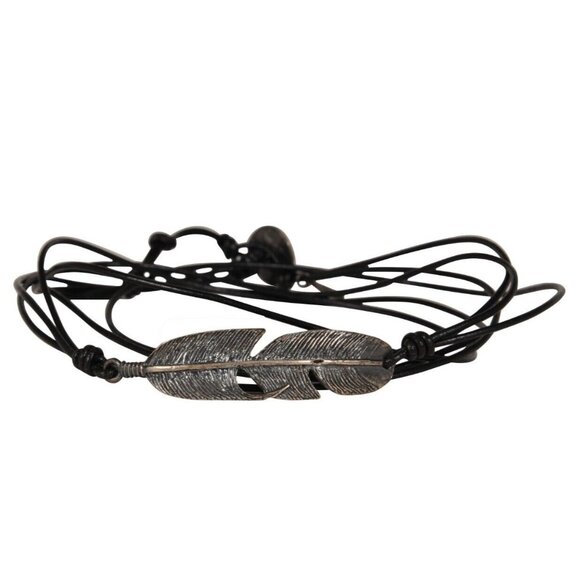 M Cohen Black Leather Rope Feather Bracelet 925 Silver Convertible Necklace Wrap
